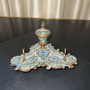 Antique enamel and bronze ink well.